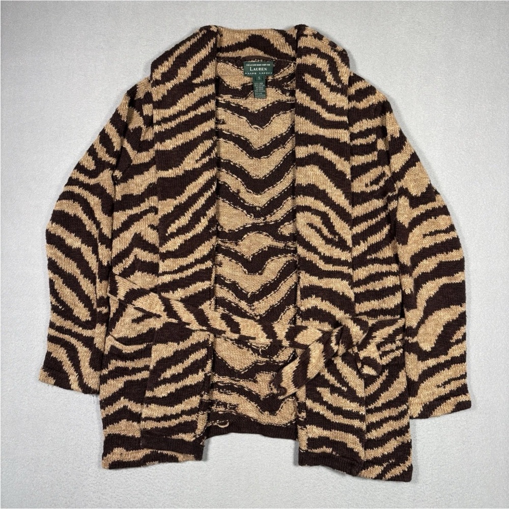 Lauren Ralph Lauren Hand Knit Cardigan Womens Small Zebra Print Linen Blend
